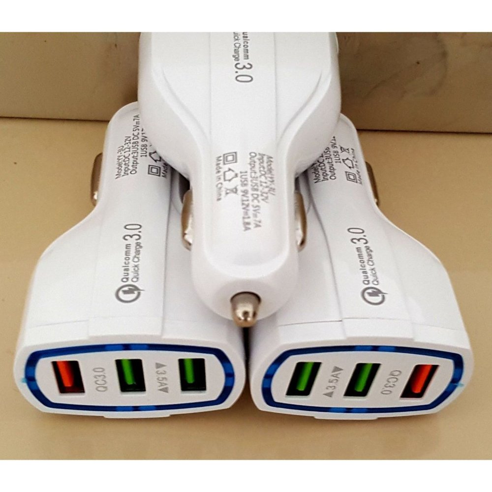 3-pack White Triple Port Car Phone Charger QC Quick Charge with LED Port